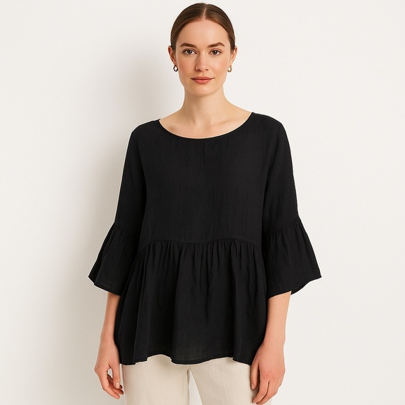 Kleen 100% Linen Peplum Blouse Boho Lagenlook Black Size L Bell Sleeves - Picture 2 of 8